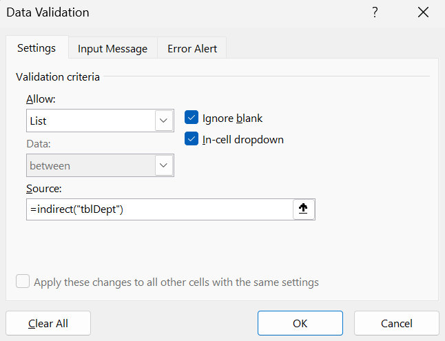 หน้าต่าง Data Validation ใช้ INDIRECT อ้างอิง Table tblDept