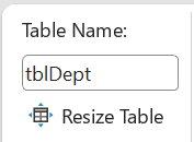 กำหนดชื่อ Table เป็น tblDept
